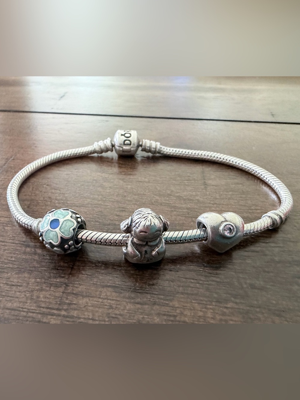 Pandora Silver Snake Chain Bracelet 8”Flower GIRL Heart AUTHENTIC Jewelry
